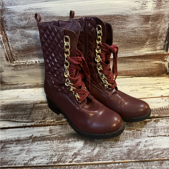 Shoes - Quilted Burgundy Combat Boots with Gold Chain